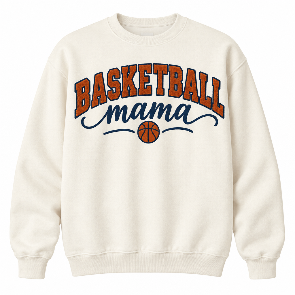 Basketball Mama on cream with burnt orange and navy lettering