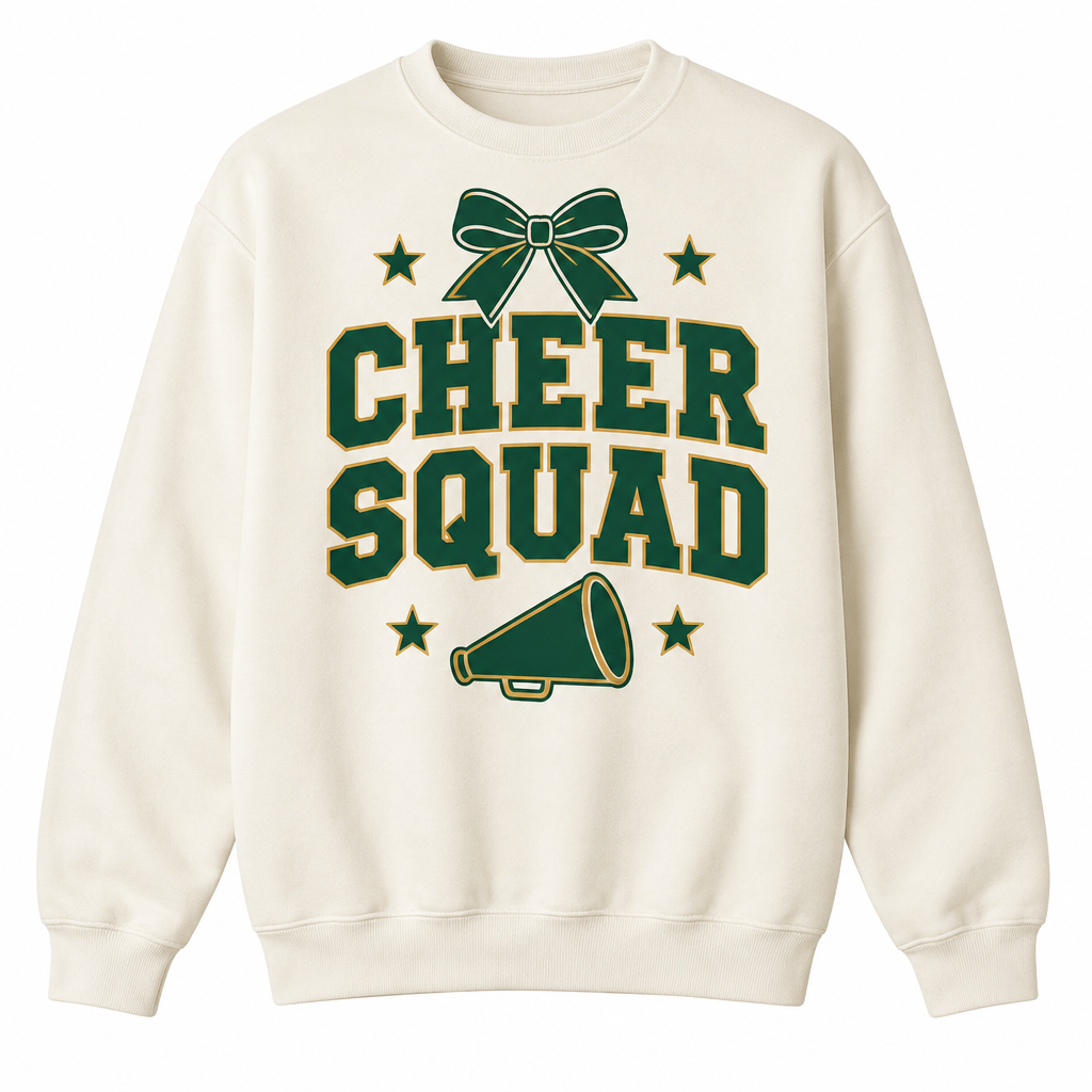 Cheer Squad on cream with forest green and gold lettering