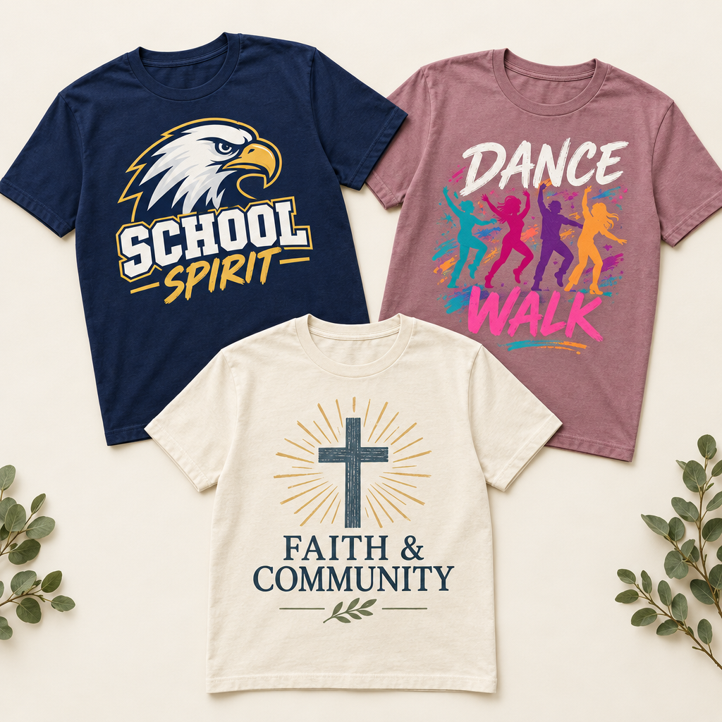 Custom shirts for school spirit, a dance walk, and a church event