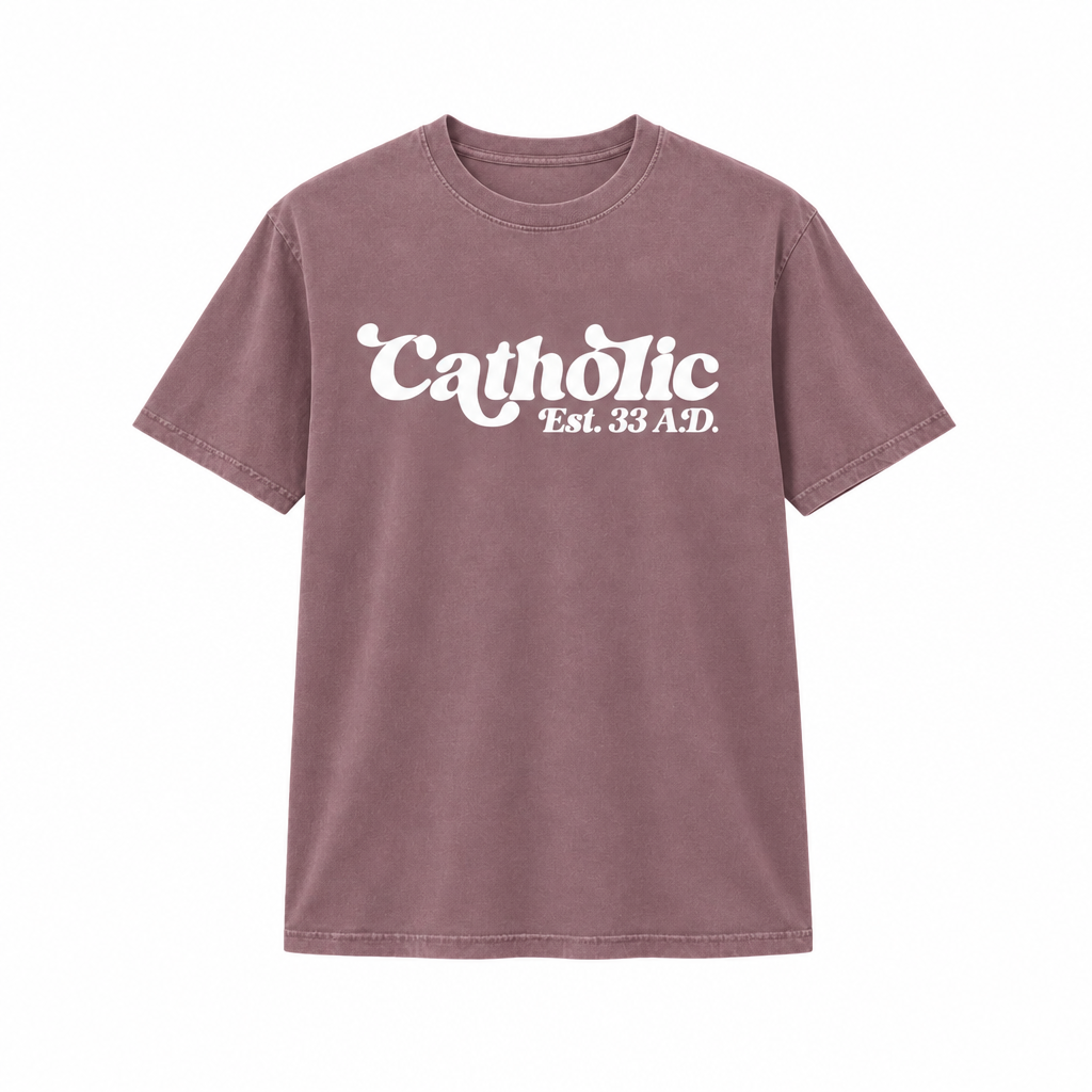 White Catholic retro design on a mauve shirt