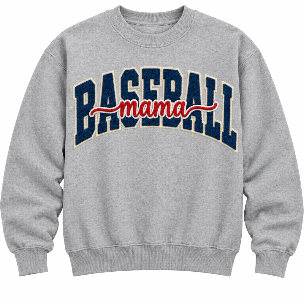 Baseball Mama, heather gray with navy letters and red script