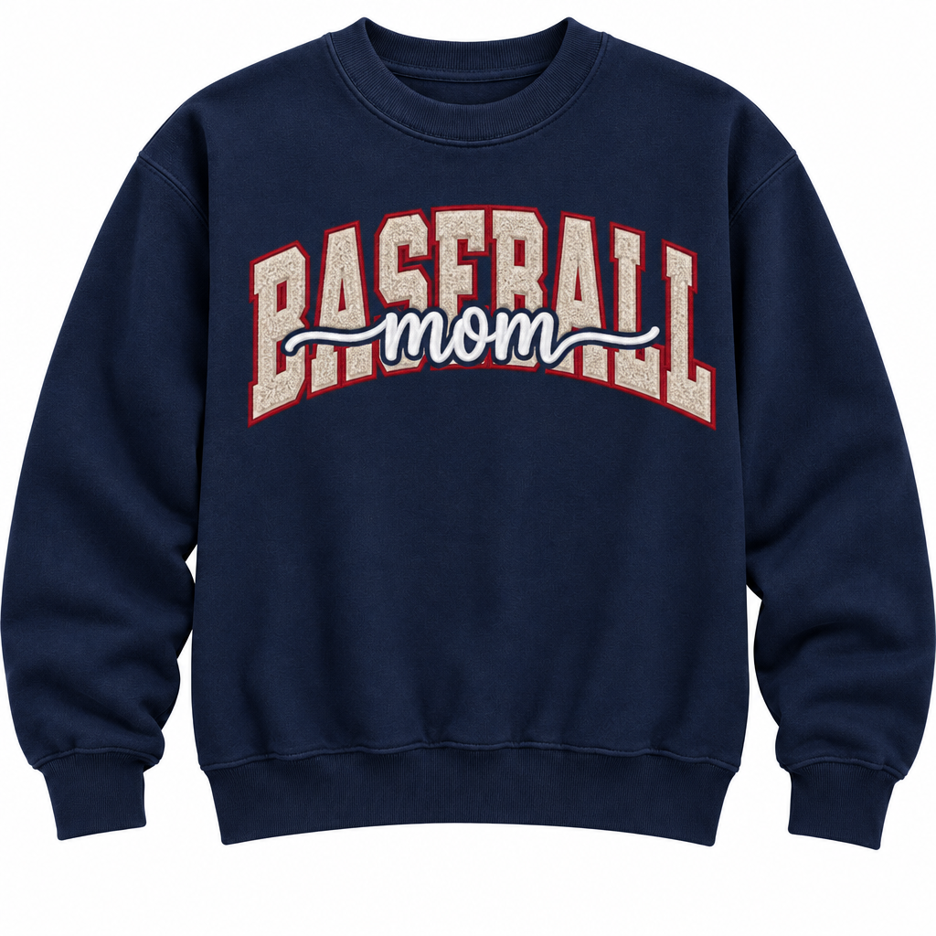 Baseball Mom, navy sweatshirt with cream letters and red outlines