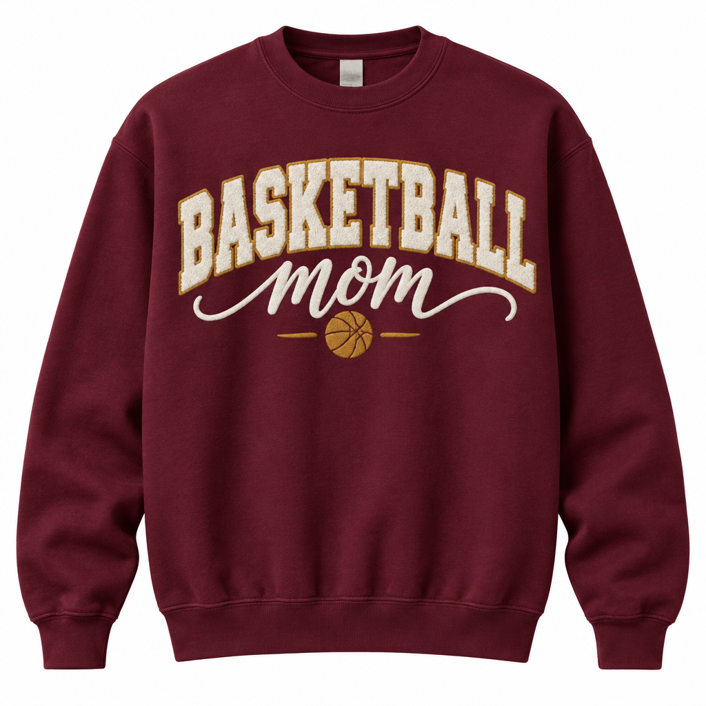 Basketball Mom on burgundy with cream and gold lettering