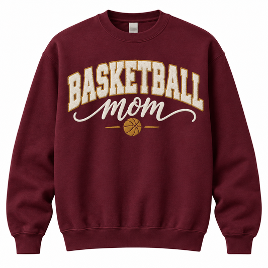 Basketball Mom on burgundy with cream and gold lettering