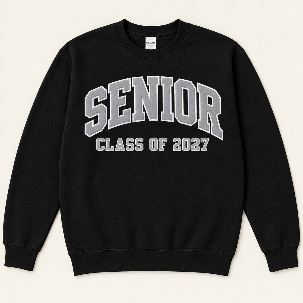 Black senior sweatshirt with matte silver-gray twill appliqué