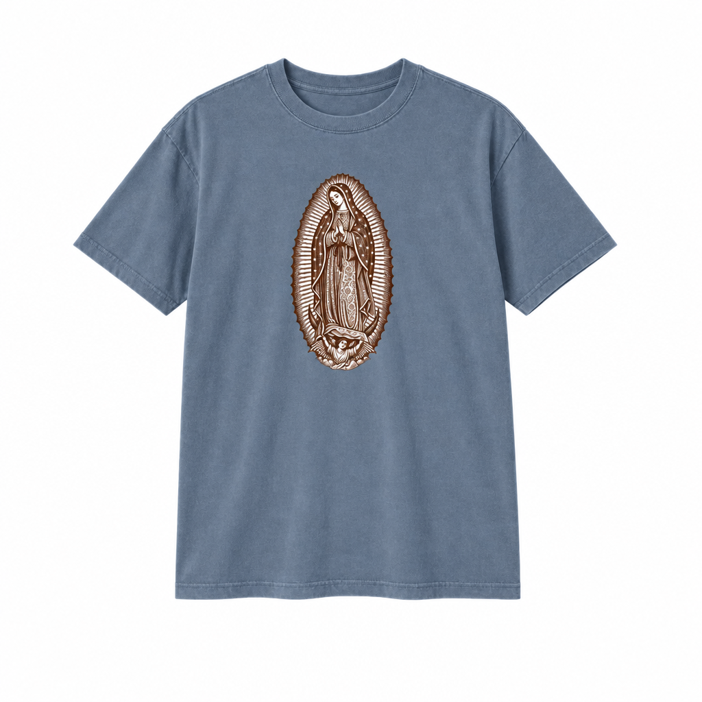 Brown Guadalupe design on blue denim