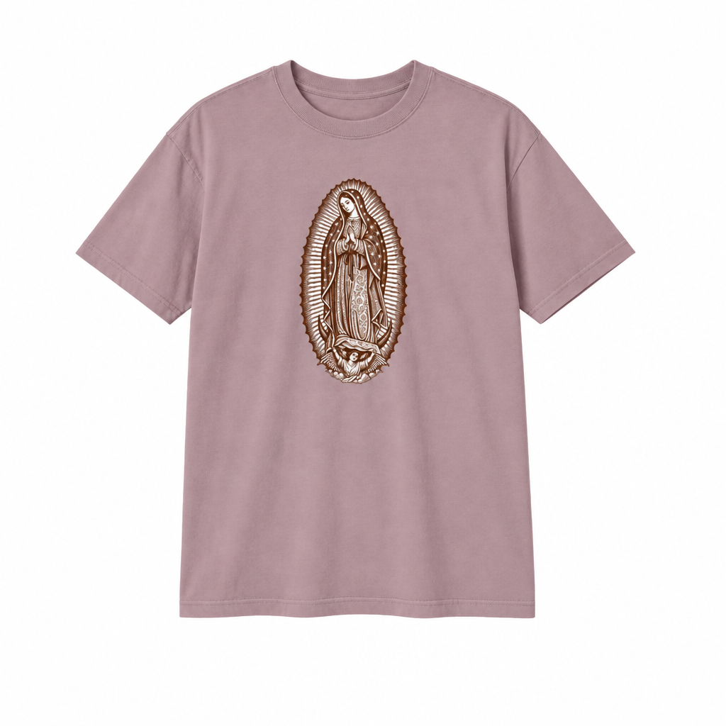 Brown Guadalupe design on mauve