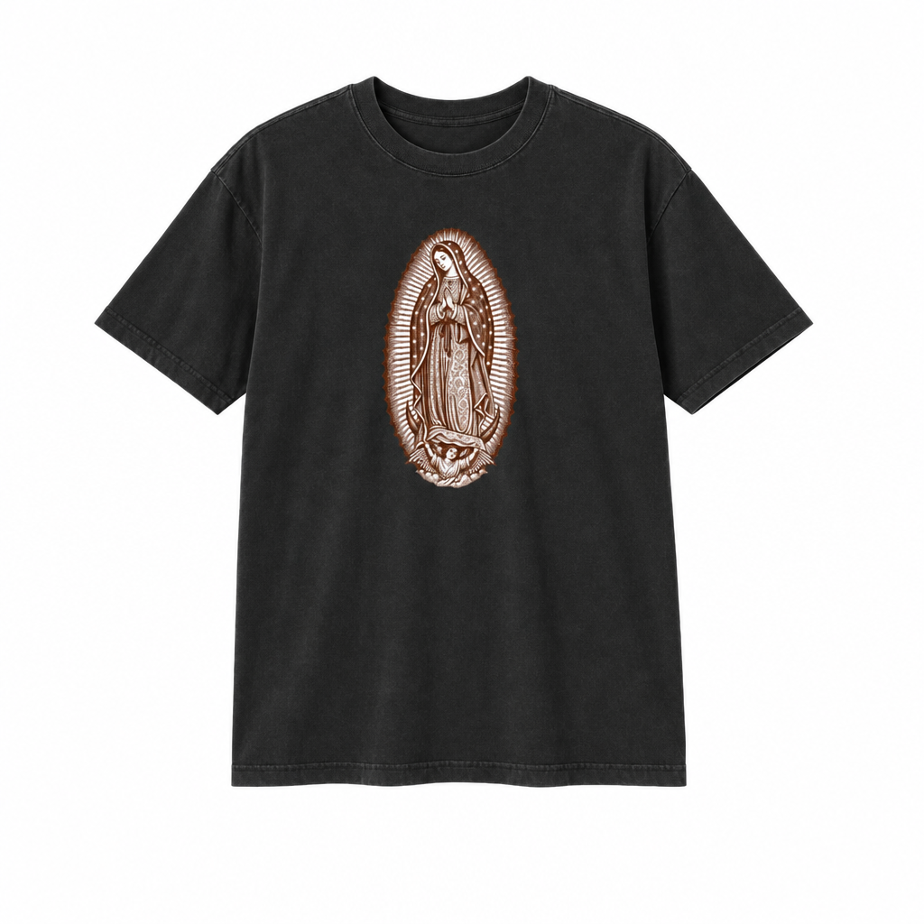 Brown Guadalupe design on vintage black