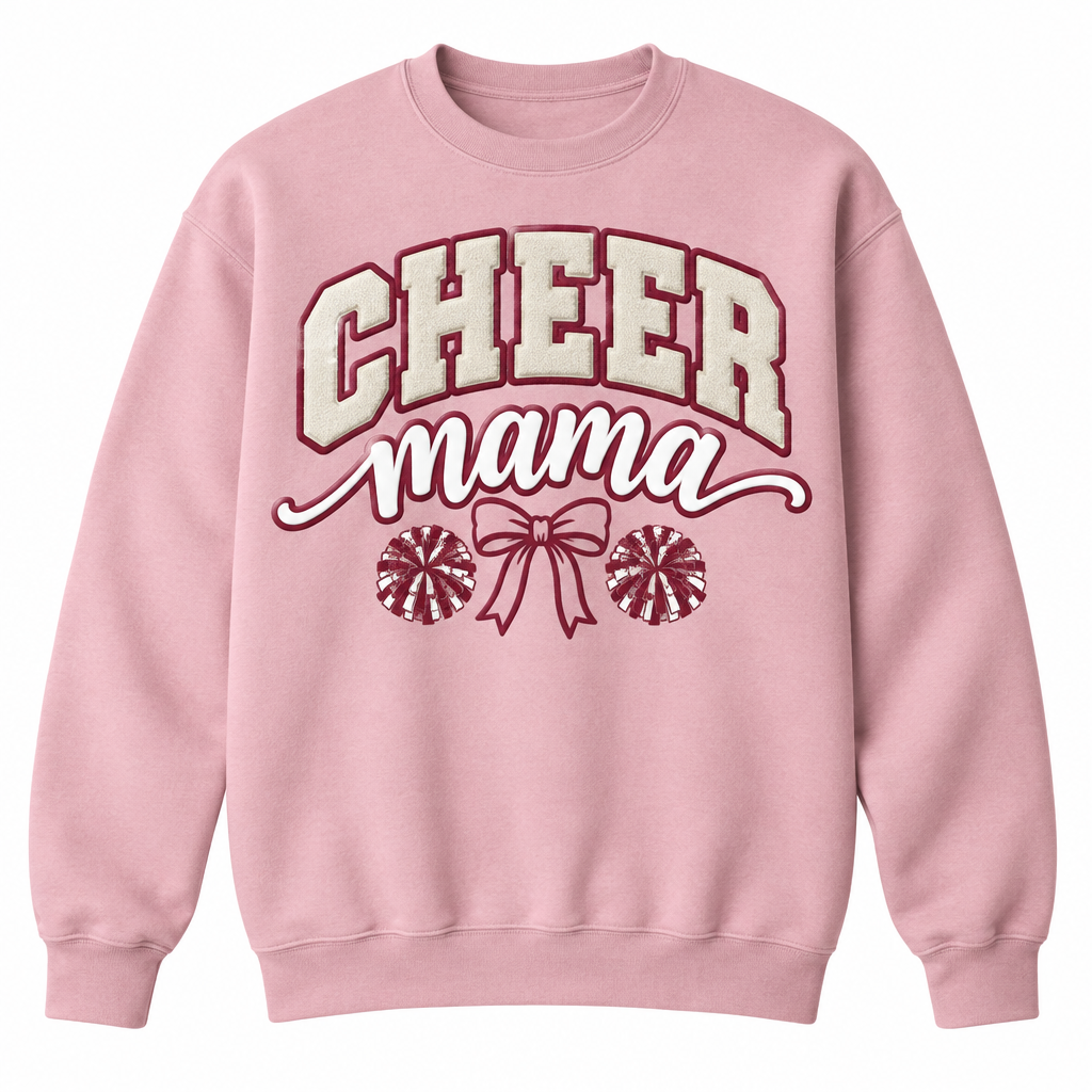 Cheer Mama on dusty pink with cream and burgundy lettering