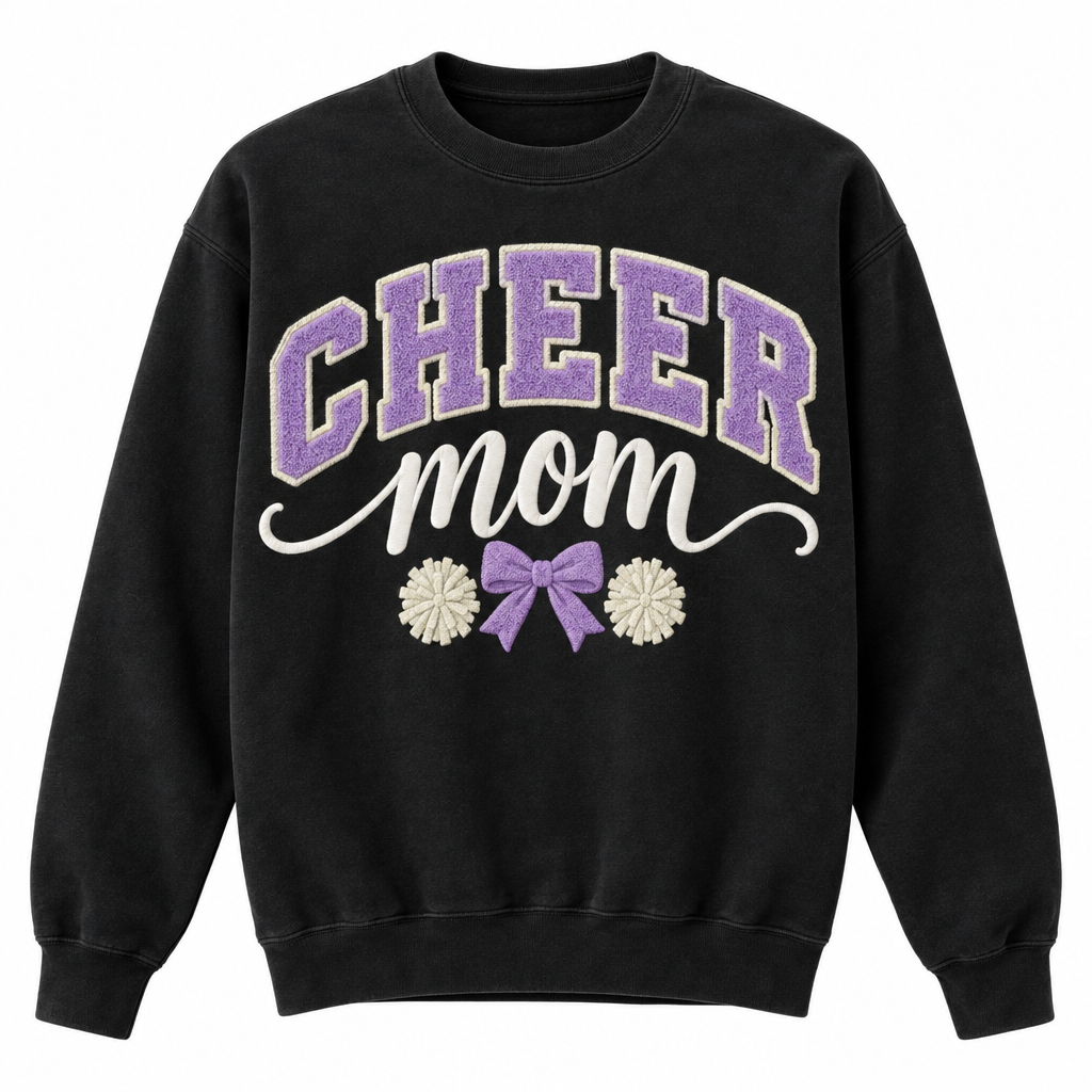 Cheer Mom on vintage black with lavender and cream lettering