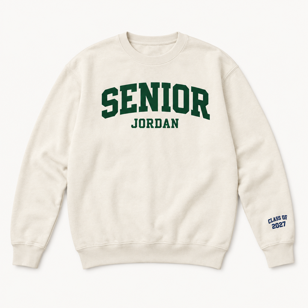 Cream Senior sweater with JORDAN on the chest and varsity Class of 2027 above the cuff