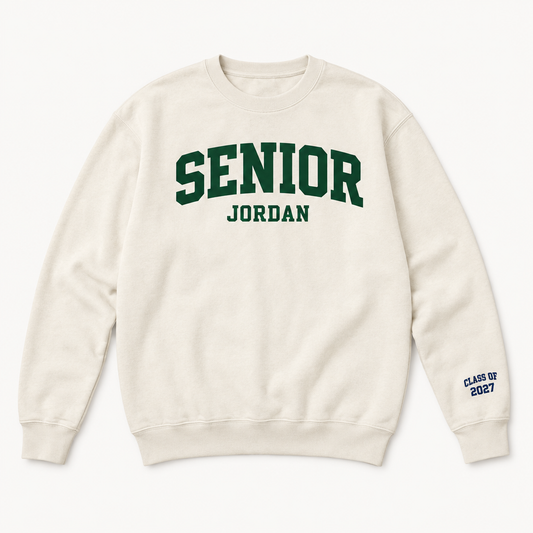Cream Senior sweater with JORDAN on the chest and varsity Class of 2027 above the cuff