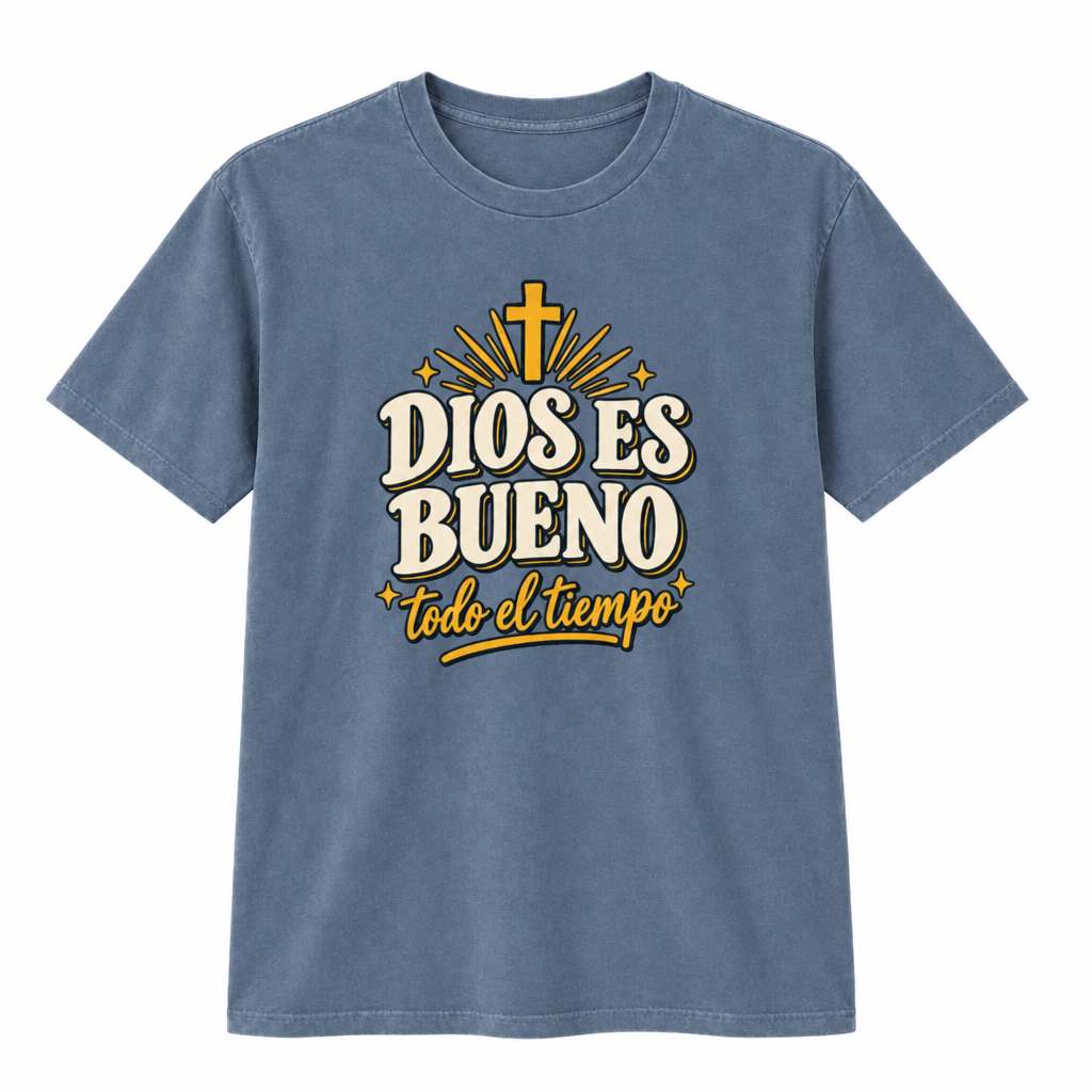 Dios es Bueno on blue denim