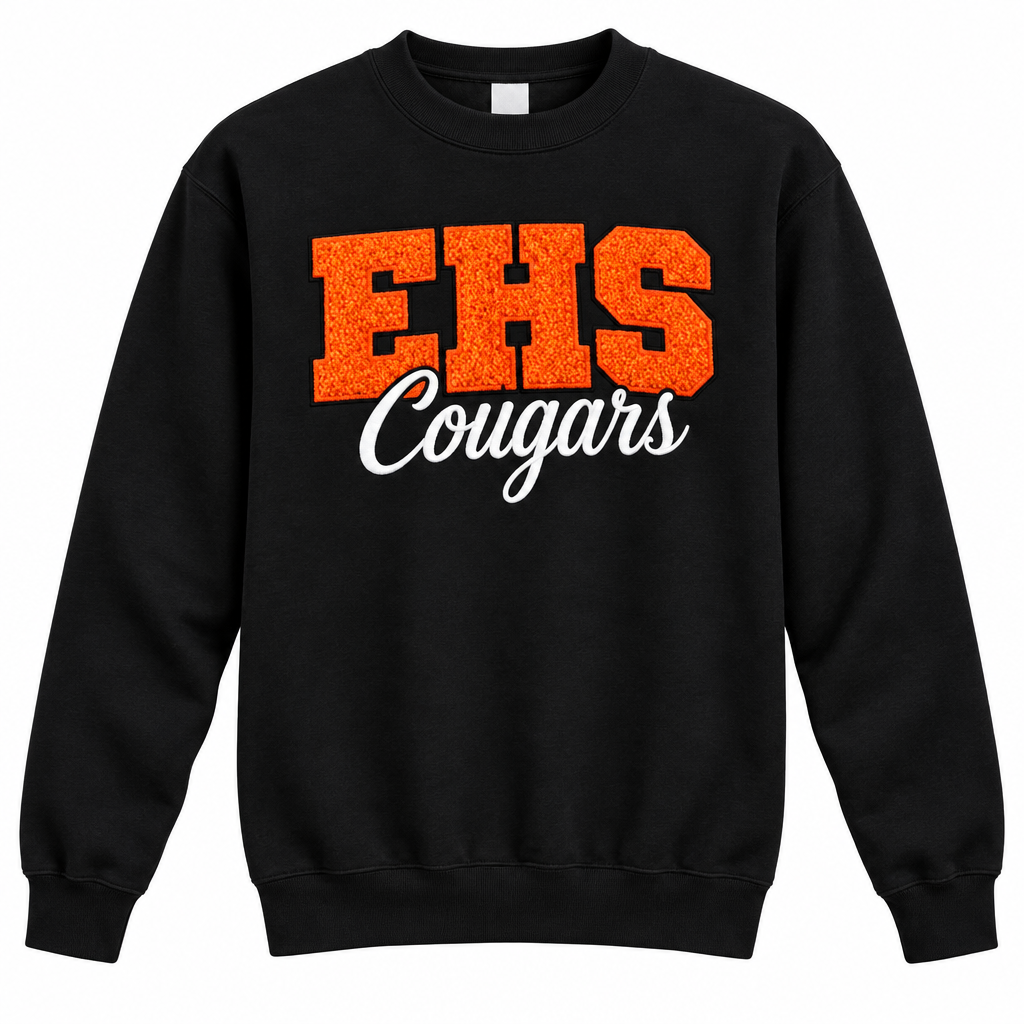 EHS Cougars black sweatshirt with orange varsity lettering and white script, without a mascot