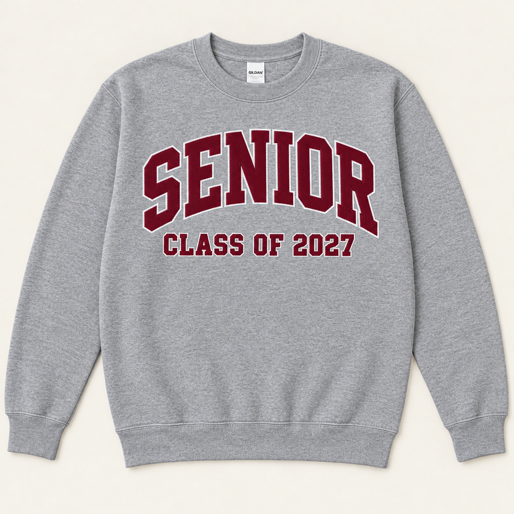 Heather gray senior sweatshirt with burgundy twill appliqué
