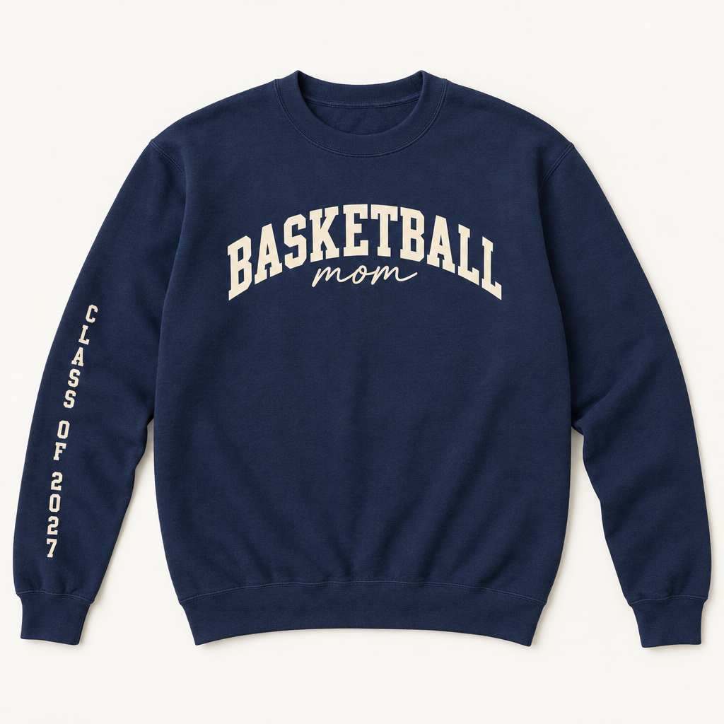 Navy Basketball Mom sweater with vertical Class of 2027 sleeve text