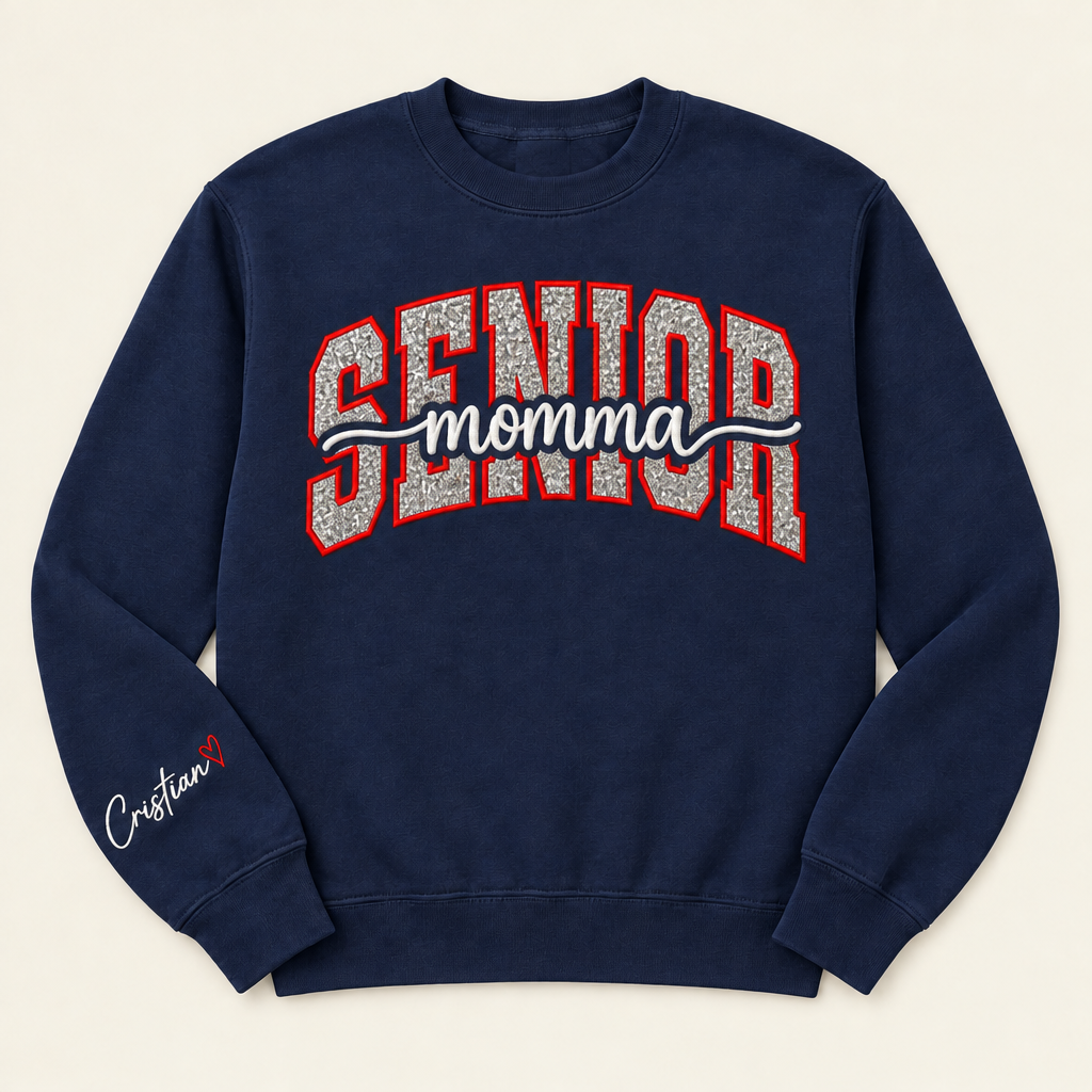 Navy SENIOR momma sweatshirt with silver-and-red lettering