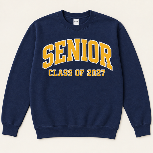 Navy senior sweatshirt with plain gold appliqué and CLASS OF 2027 block lettering