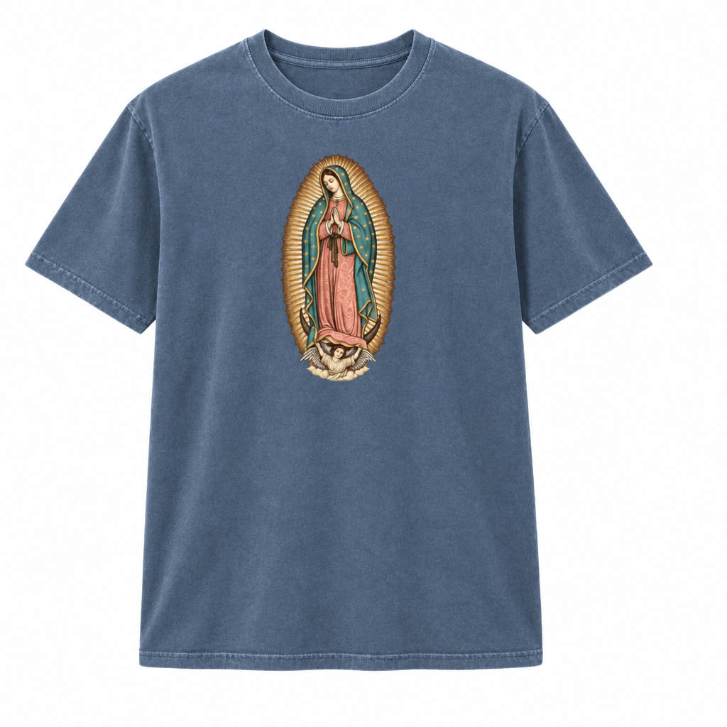 Our Lady of Guadalupe on a blue denim-colored shirt