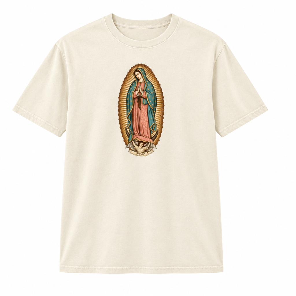 Our Lady of Guadalupe on a cream shirt