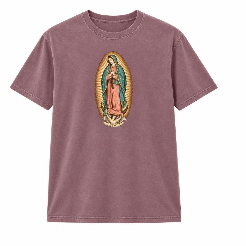 Our Lady of Guadalupe on a mauve shirt
