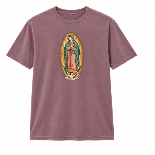 Our Lady of Guadalupe on a mauve shirt
