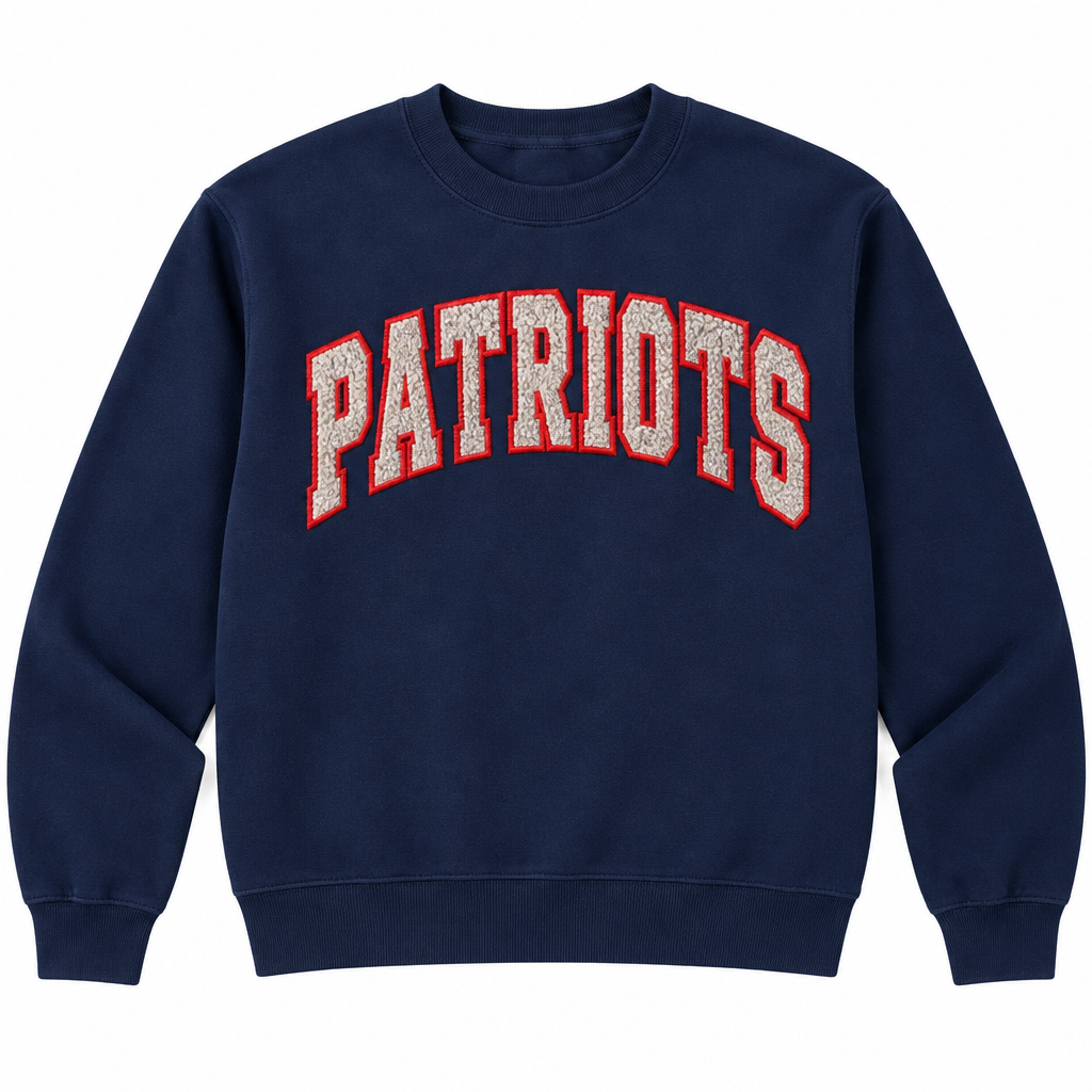 Patriots navy sweatshirt with cream varsity lettering and red outlines