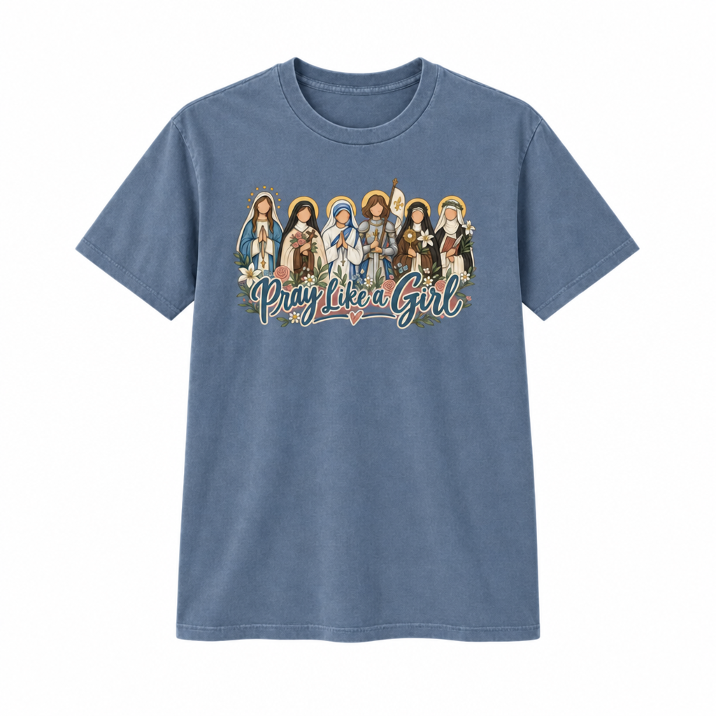 Pray Like a Girl on blue denim