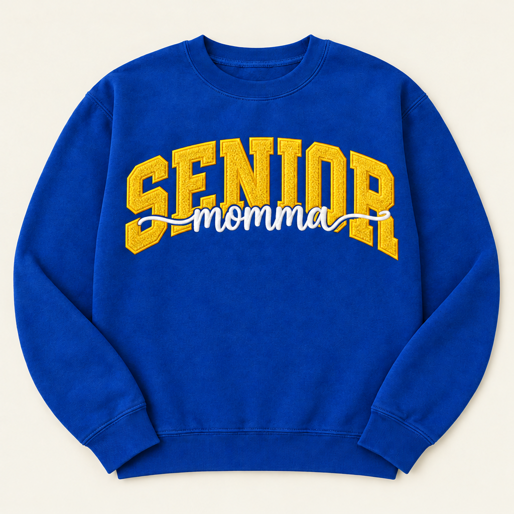 Royal blue SENIOR momma sweatshirt with yellow lettering