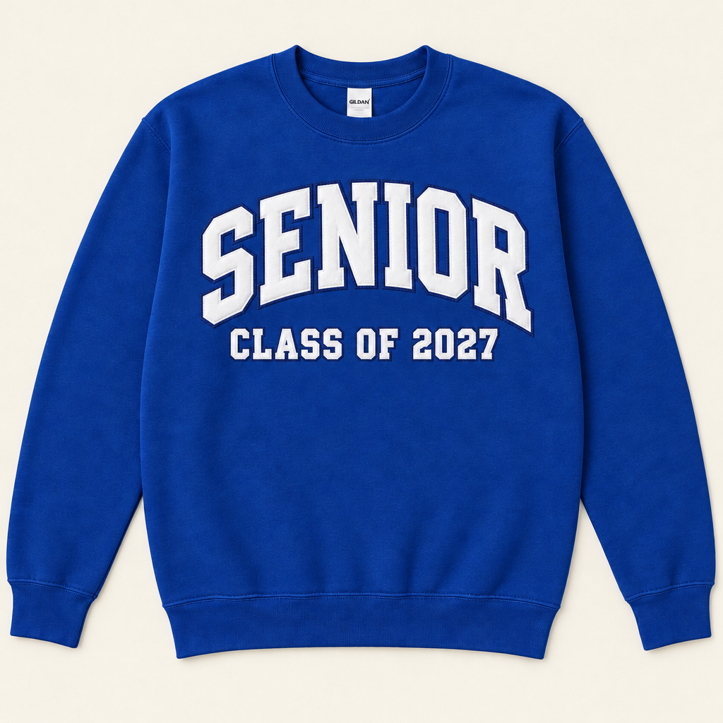 Royal blue senior sweatshirt with white twill appliqué