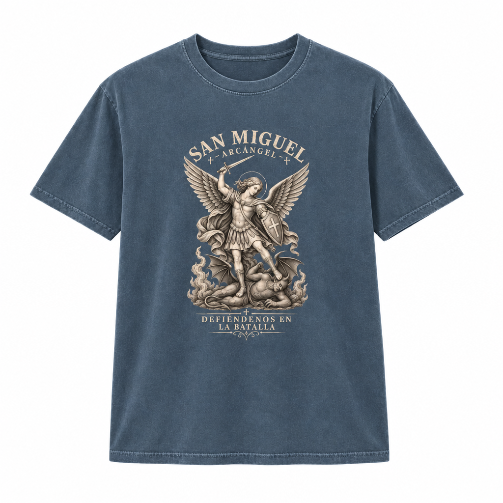 San Miguel on blue denim
