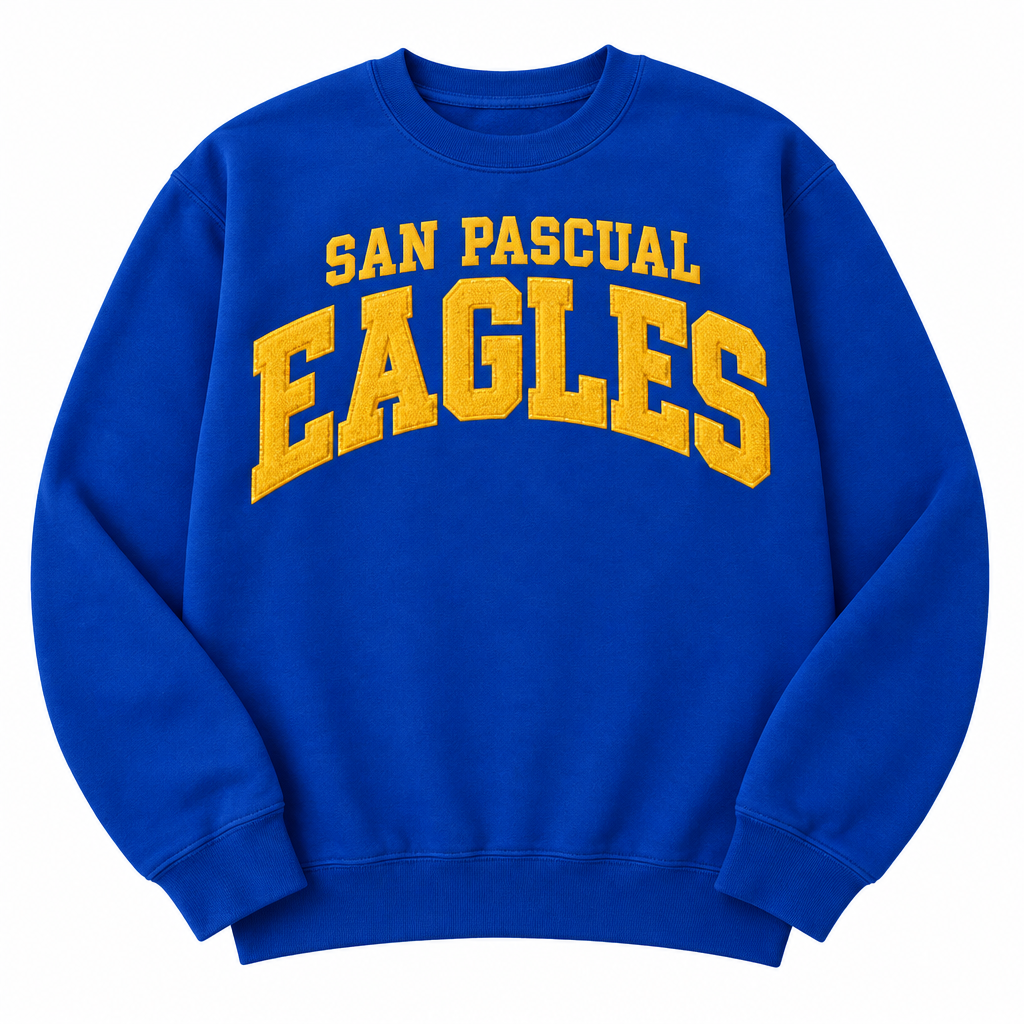 San Pascual Eagles royal blue sweatshirt with gold varsity lettering