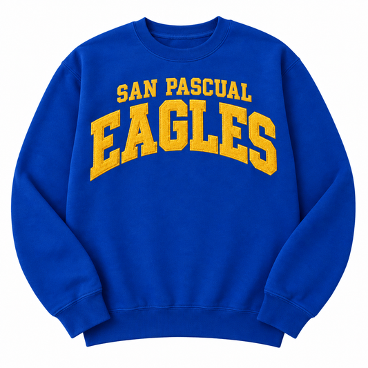 San Pascual Eagles royal blue sweatshirt with gold varsity lettering