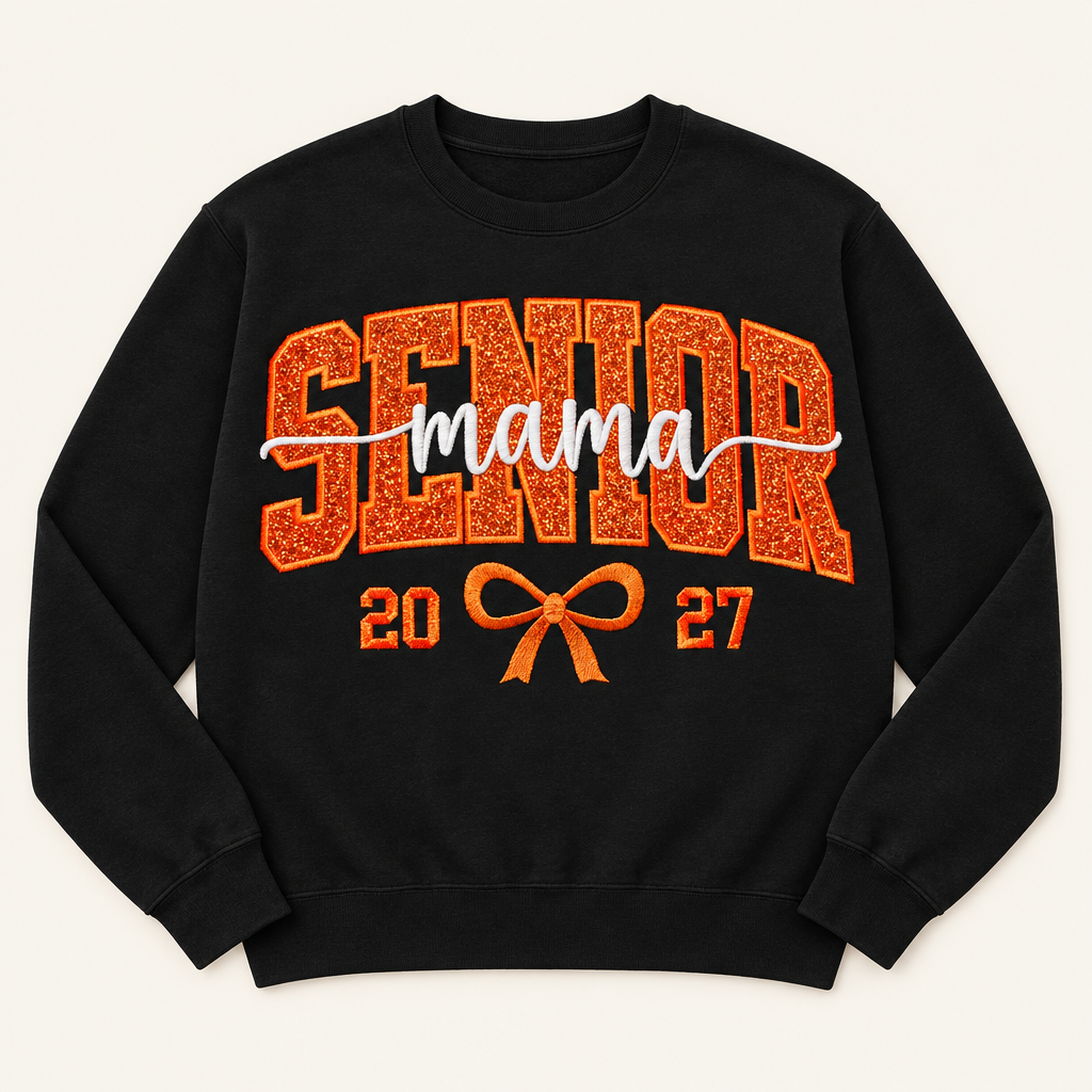 Senior Mama 2027 sweatshirt in an unfolded flat-lay layout