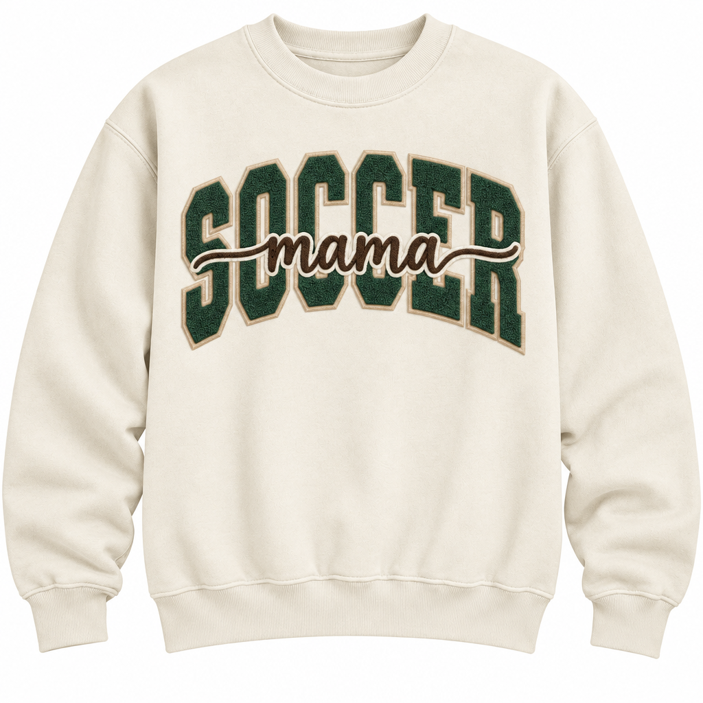Soccer Mama, cream with forest green letters and brown script