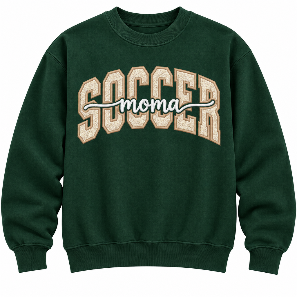 Soccer Mom, forest green sweatshirt with cream letters and tan outlines