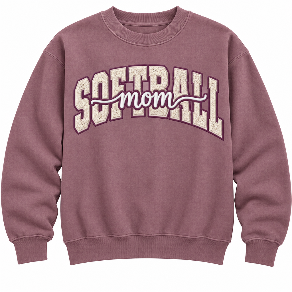 Softball Mom, mauve sweatshirt with cream letters and plum outlines
