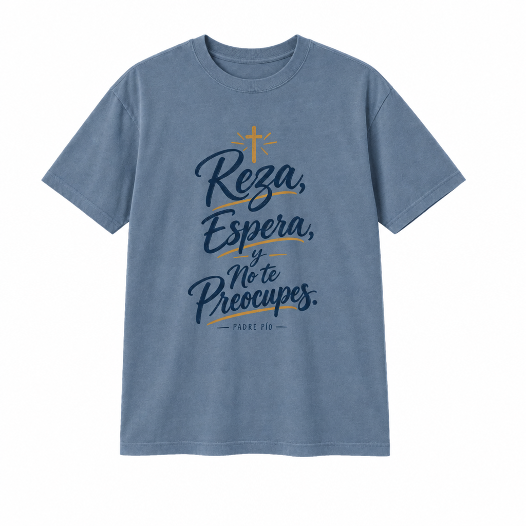 Spanish prayer design on blue denim