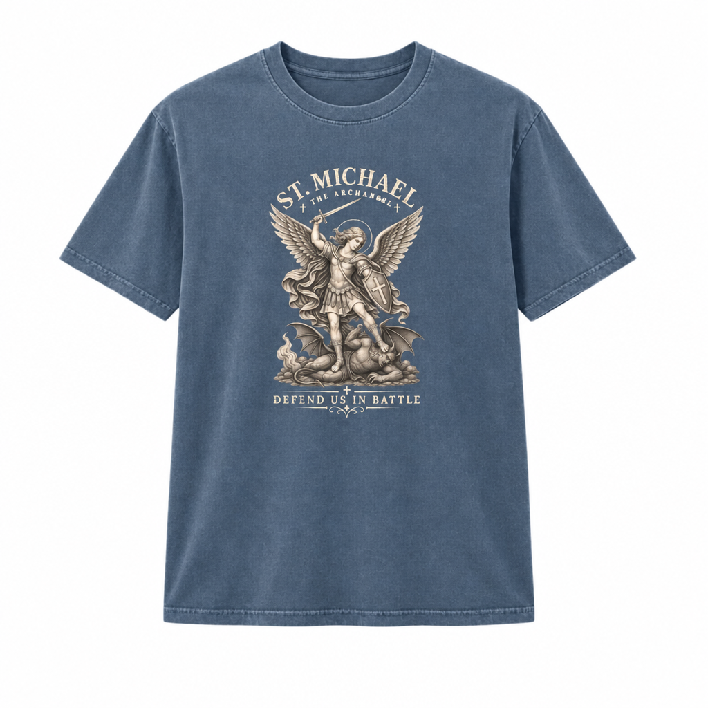St. Michael on blue denim