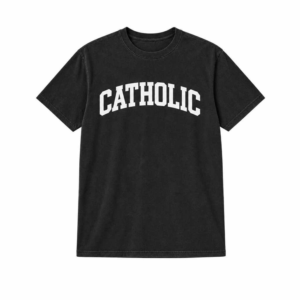 White CATHOLIC lettering on a vintage black shirt